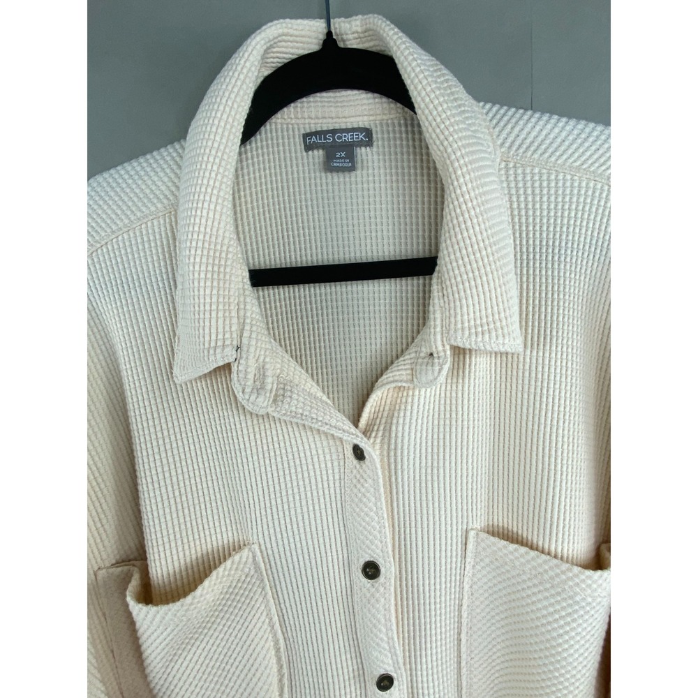 Falls Creek Women Shirt 2X Waffle Knit Button Down Cream Thermal Shacket Pockets - Picture 2 of 10